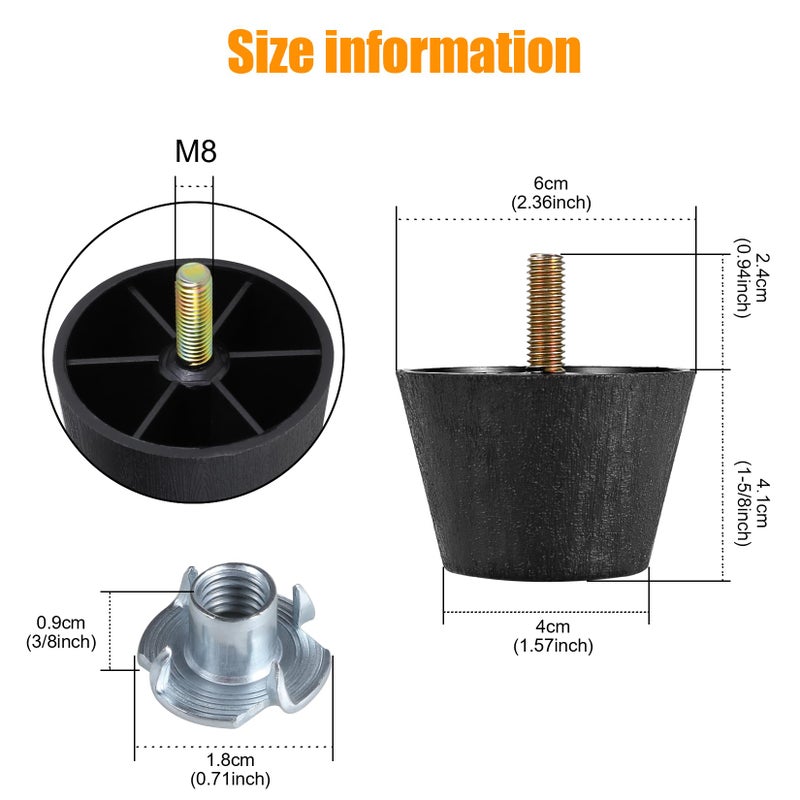 Manesi 6 inch Plastic Furniture Legs, Round Tapered Table Legs Black Sofa Legs Replacement Legs with M8 Hanger Bolts for Couch Table Sofa, Pack of 4 - Image 2